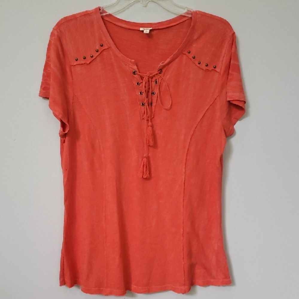 Reba Top Womens L Orange Hockey Lace V Neck S/S Knit Western Tunic Cowgirl Rodeo